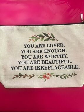 Inspirational Canvas Cosmetic Bag - Cream with Floral Accents NWOT